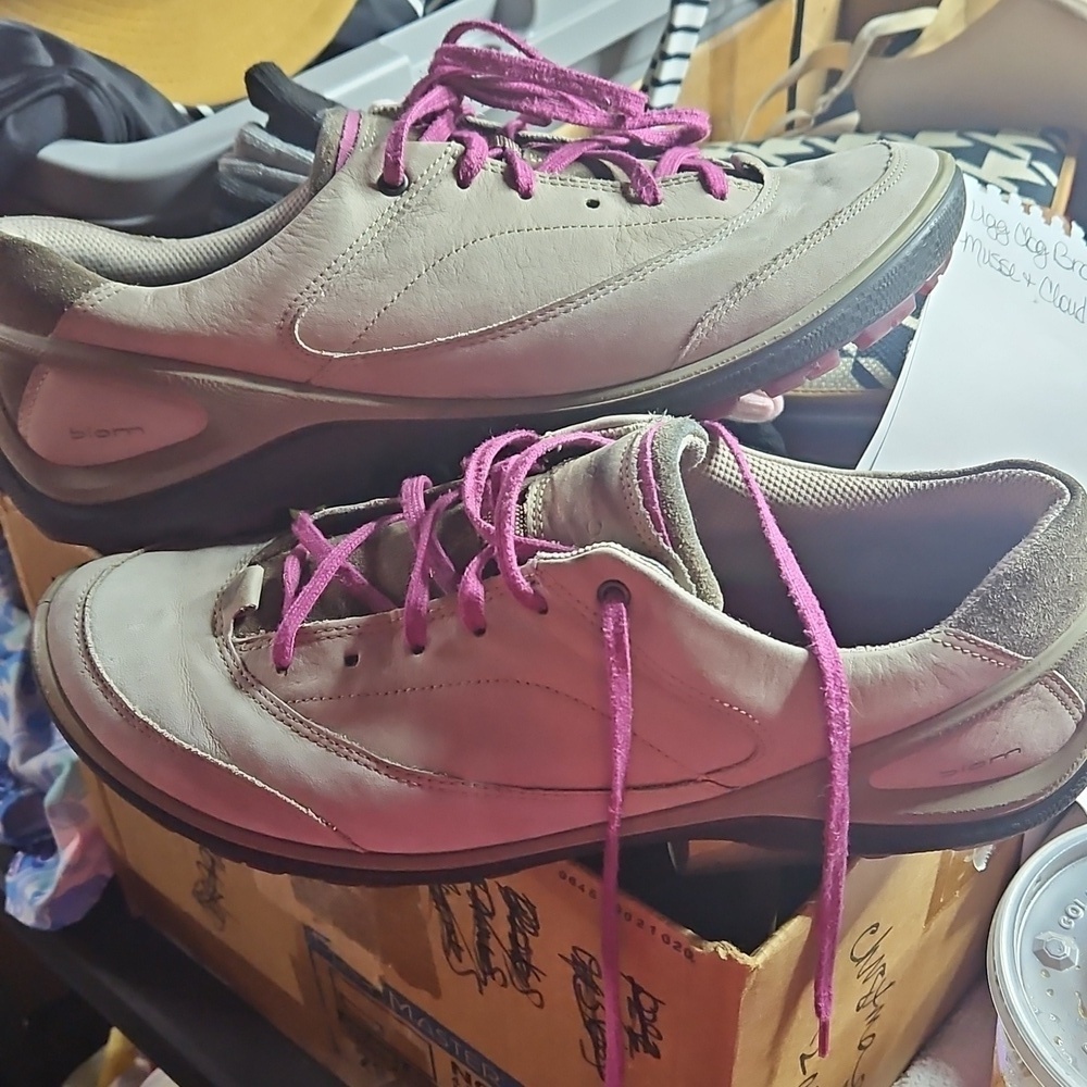 Ecco Biom Yak Natural Motion Shoe Size 10 Khaki With Purple Lace Up